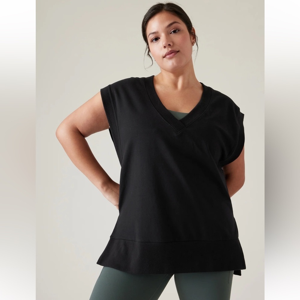 Athleta Retroterry V Neck Sweatshirt Tee Sleeveless Vest Black Athleisure Medium